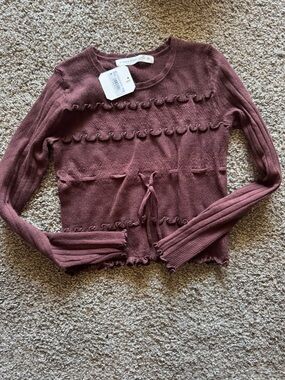 Altar'd State Mauve Ruffle-Trim Knit Tie-Front Top